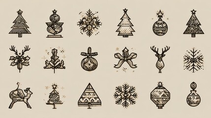 A collection of festive, hand-drawn illustrations featuring various holiday decorations like trees, ornaments, reindeer, and snowflakes