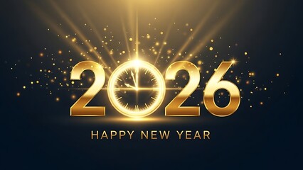 Golden 2026 New Year celebration with glowing clock and radiant light particles on dark background