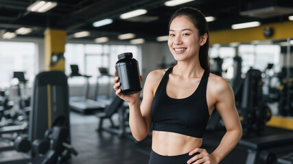 Fototapeta premium Smiling woman wearing sportswear holding black supplement jar in gym
