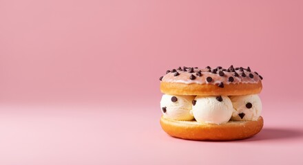 Indulgent gourmet dessert featuring a thick layer of vanilla ice cream sandwiched between a fluffy glazed donut and topped with chocolate chips on pink ,indulgence, sticky, celebration