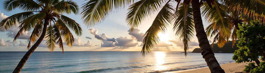 Fototapeta premium serene tropical beach sunset daku island siargao philippines features swaying palm trees warm golden light illuminating
