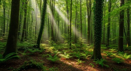 Fototapeta premium Enchanting forest scene with sunbeams filtering through lush green trees and ferns, creating a mystical atmosphere