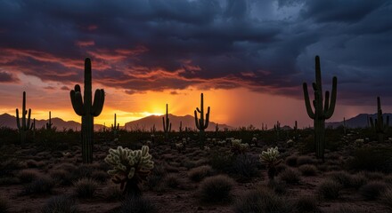 Intense twilight colors illuminating towering storm clouds over a majestic desert landscape filled with iconic tall cacti during the wet season ,golden hour ,dryland ,sunset