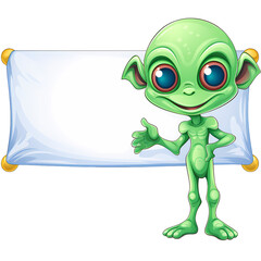 Adorable alien holding empty signboard outdoors