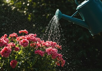 Refreshing droplets cascade onto vibrant blooming garden flowers from a watering can during a sunny afternoon chore ,bloom ,horticulture ,watering