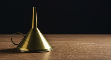 Retro, aged brass funnel resting on a textured tabletop, symbolizing a classic approach to filtering information and refining processes, machinery, old, brass