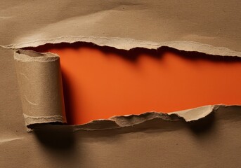 Rustic brown paper texture featuring dramatic tears and creases, revealing rough inner fibers and irregular, jagged edges ,frame ,aged ,torn