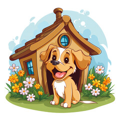 Whimsical Cartoon Dog House in Lush Garden