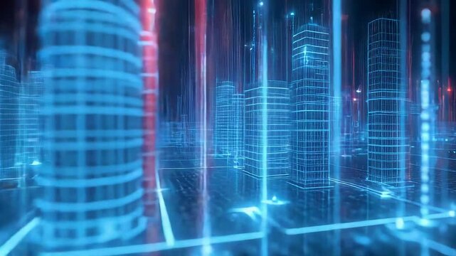 Glowing digital city skyline with transparent skyscraper structures and flowing data connections, smart urban infrastructure and advanced technology network