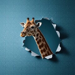The long neck of a wild giraffe surprisingly pokes through a jagged hole torn in patterned blue home interior wallpaper ,fantasy, interior, curiosity