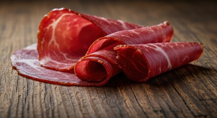 Thin, transparent slices of rich, dark ruby-red cured ham resting on a rustic wooden surface, highlighting the delicious texture and marbling ,slice ,ready ,leg