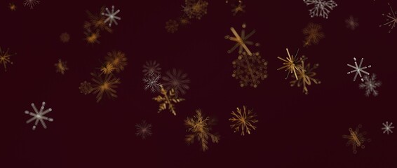 Elegant abstract background of gold snowflakes on a deep red backdrop. Perfect for Christmas, winter themes, or festive