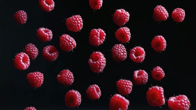 Fallende Himbeeren in Zeitlupe &ndash; Frische Beeren vor klarem Hintergrund