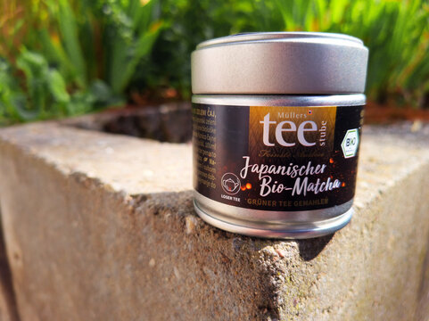 Ditzingen, Germany - July 25,2025: Downtown  This is a small box with the Japanese green tea Matcha, which is manufactured by Doktor Mueller.