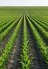 Vibrant green young corn stalks growing in neat rows across a vast agricultural field under bright summer sunlight ,cultivation ,healthy ,development