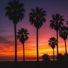 Vibrant orange and pink sunrise casting silhouettes on tall tropical palm trees, creating a dramatic, peaceful, and warm morning scene, landscape, exotic, morning