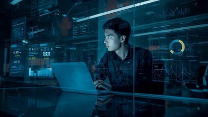 Focused data analyst working on laptop surrounded by transparent digital dashboards, real time analytics workspace and advanced business intelligence environment - Powered by Adobe