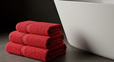 Vibrant red luxury towels folded neatly beside a white ceramic bathtub, suggesting warmth, sophistication, and refined contemporary decor, hotel, stack, color