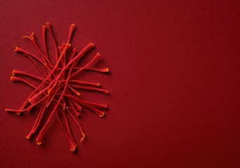 Vibrant red saffron threads arranged elegantly, emphasizing their delicate nature and high value in culinary preparations, ingredient, threads, kitchen