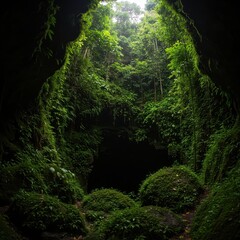 View of a deep, mossy cave mouth opening within a dense, green tropical jungle landscape with high rocky walls ,jungle ,arch ,interior