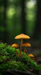 Vibrant wild fungi sprouting from damp green moss on the forest floor, highlighting the intricate details of the natural woodland ecosystem ,mushrooms ,closeup ,colorful