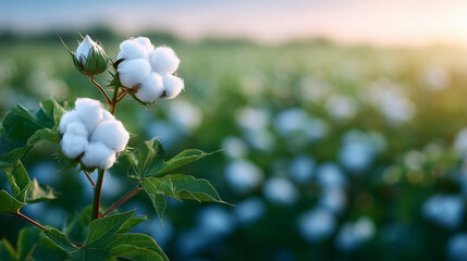 Close-up of organic cotton fibers on a Gossypium plant, fluffy white bolls glowing in sunlight, natural green leaves and stems, eco-friendly agriculture theme