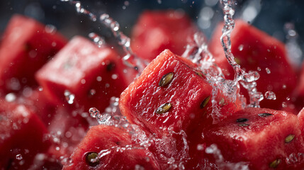 Macro close-up of juicy watermelon cubes, water splashing around them as they fly, vibrant red texture, glistening moisture, refreshing and energetic food scene