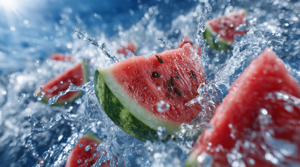 Flying watermelon pieces with dramatic water splash, seeds and pulp visible, dynamic motion blur on droplets, refreshing visual emphasizing hydration and summer taste