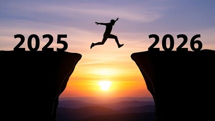 Silhouette of person leaping from 2025 cliff to 2026 cliff at sunset with orange and purple sky