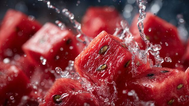 Macro close-up of juicy watermelon cubes, water splashing around them as they fly, vibrant red texture, glistening moisture, refreshing and energetic food scene - Powered by Adobe