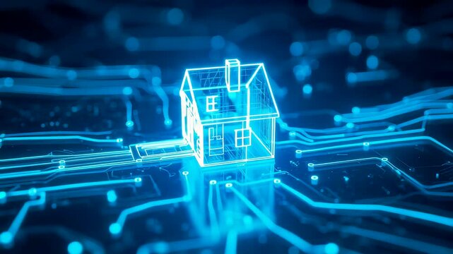Glowing digital house model connected to circuit pathways, smart home technology system with integrated network infrastructure and data driven automation