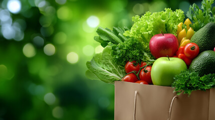 Paper grocery bag with fruits and vegetables floating out, apples, avocados, tomatoes, leafy greens, green background with negative space for promotional text