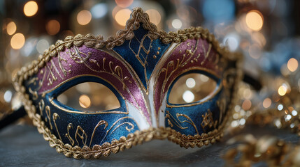 Ornate carnival masquerade mask, rich colors and decorative patterns, soft-focus party background with sparkling bokeh, festive atmosphere inspired by Venice and Rio carnivals, cle