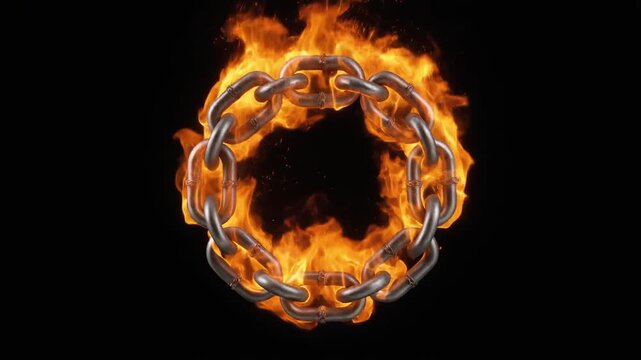 Fiery Chain Links Forming a Circle on Black Background.