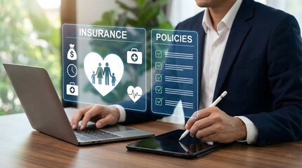powerfully represents the concept of managing and selecting insurance policies&mdash;specifically health, life, and family protection&mdash;using modern digital tools.