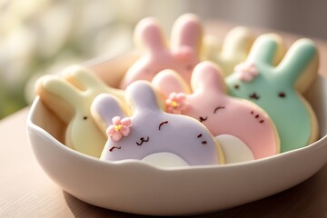 Colorful easter bunny cookies in a white bowl
