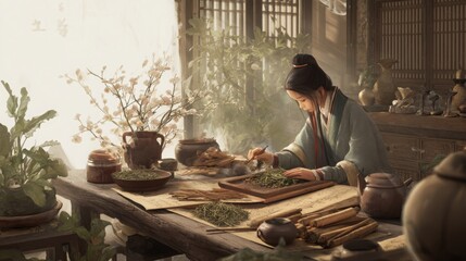 ancient chinese medicine scene, healer arranging herbs on wooden table, scrolls and teapot, spring atmosphere, soft diffused light, calm balance