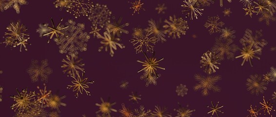Abstract gold snowflakes on a burgundy background. Perfect for Christmas, New Year, winter design, and festive s