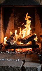 warm captures dancing flames golden embers crackling firewood rustic stone fireplace casting