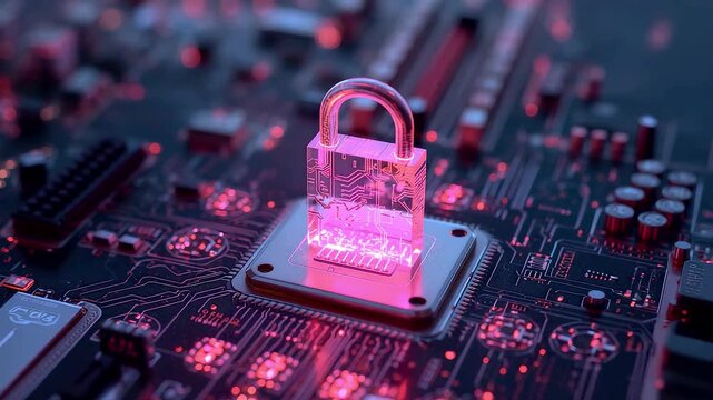 Glowing padlock on computer motherboard showing encrypted data protection, secure access control and modern cybersecurity hardware design