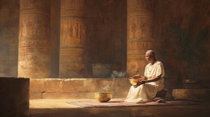 ancient egyptian temple interior, healer holding bowl with herbal drink, papyrus scrolls, soft golden light, calm sacred mood, natural colors
