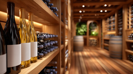 Natural indoor wine cellar scene, full shelves of red and white wine bottles, warm lighting enhancing textures of wood and glass, storage and collection concept