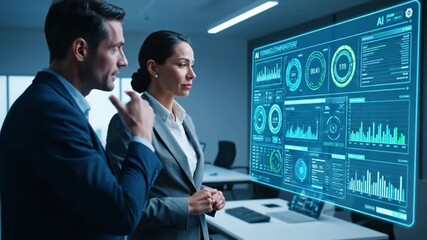 Business professionals analyzing AI data on holographic screen, modern office - Powered by Adobe