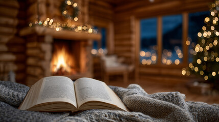 Obraz premium Close-up of an open book with flickering fireplace, warm wooden cabin walls, cozy blankets, Christmas ornaments in bokeh background, soft and inviting holiday atmosphere