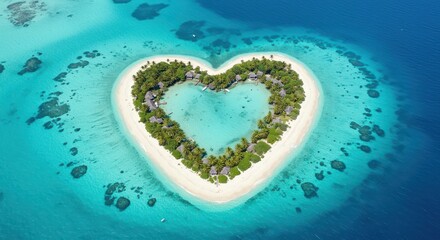 Aerial view of a perfect heart shaped tropical island floating in pristine turquoise ocean waters, symbolizing romantic travel and exotic destinations ,water ,remote ,serene