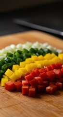 Close up of colorful, freshly cut vegetables perfectly diced into uniform cubes on a wooden cutting board, ready for cooking, diet, tabletop, produce