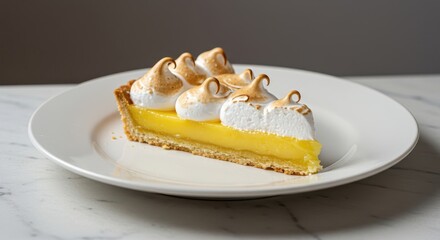 Close-up view of a freshly baked, glossy lemon meringue tart slice resting on a white plate, ready for serving, rustic, tart, elegant