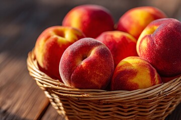 Vibrant peaches sit closely packed in a woven basket showcasing their fuzzy skin and warm colors. The wooden surface below adds a rustic touch to the natural scene