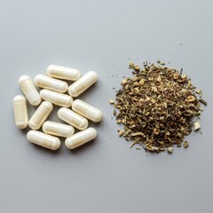 Comparing white synthetic capsules and natural dried plant herbs for health and wellness treatment, natural, treatment, dosage