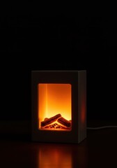 Cozy electric lamp designed to look like a tiny modern fireplace providing warm, inviting ambient light for a relaxing evening atmosphere, light, lantern, indoor